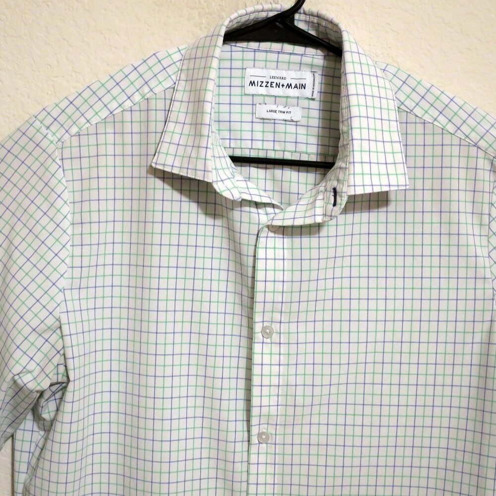 Mizzen Main Shirt Mens Large Long Sleeve Button Trim White Blue Green Stripes